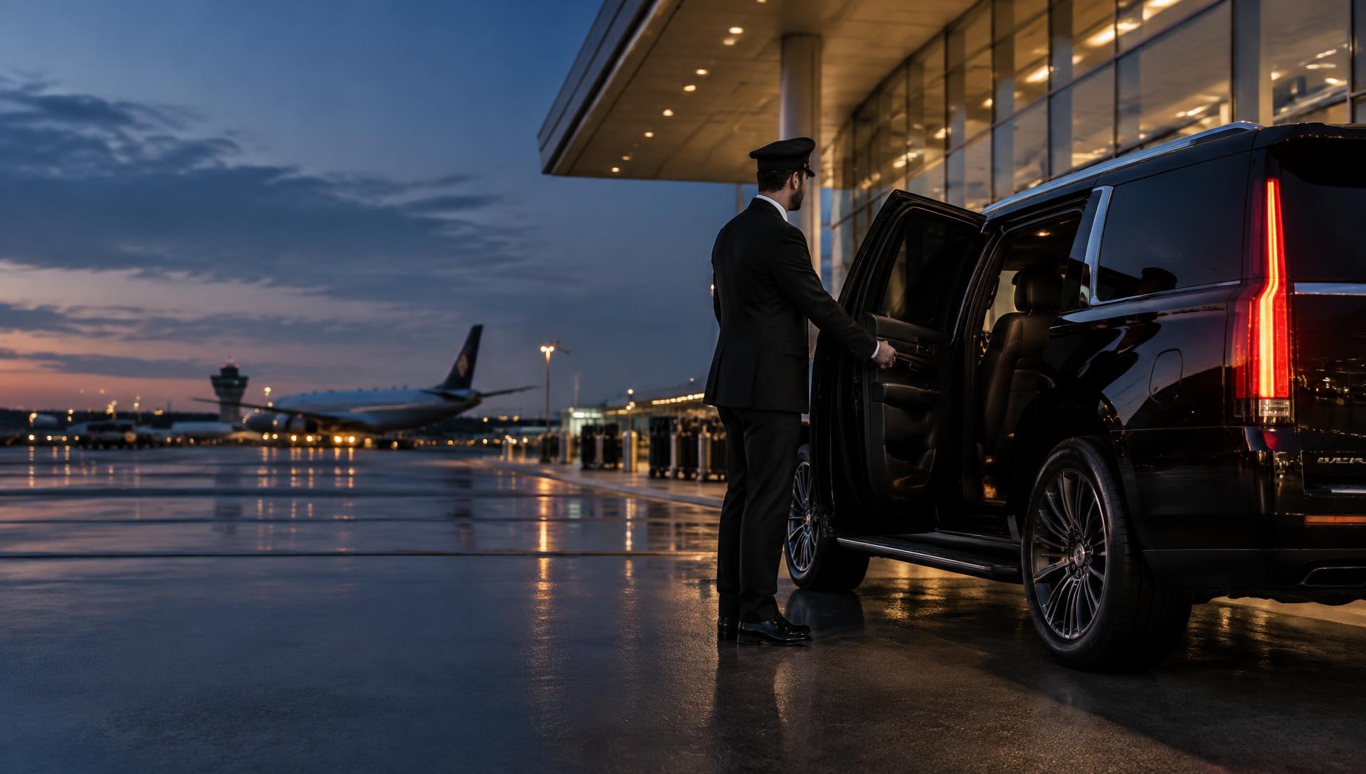 Conductor junto a una camioneta ejecutiva en una terminal aérea